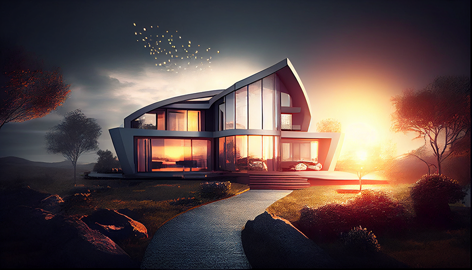 Modern home sunset with birds and beautiful lighting